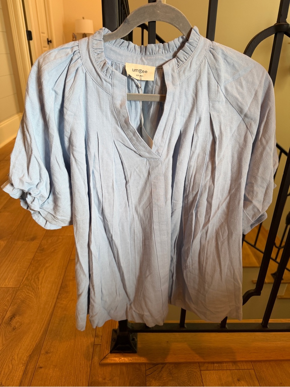 Umgee Light Blue Pleated Ruffle Neck Blouse